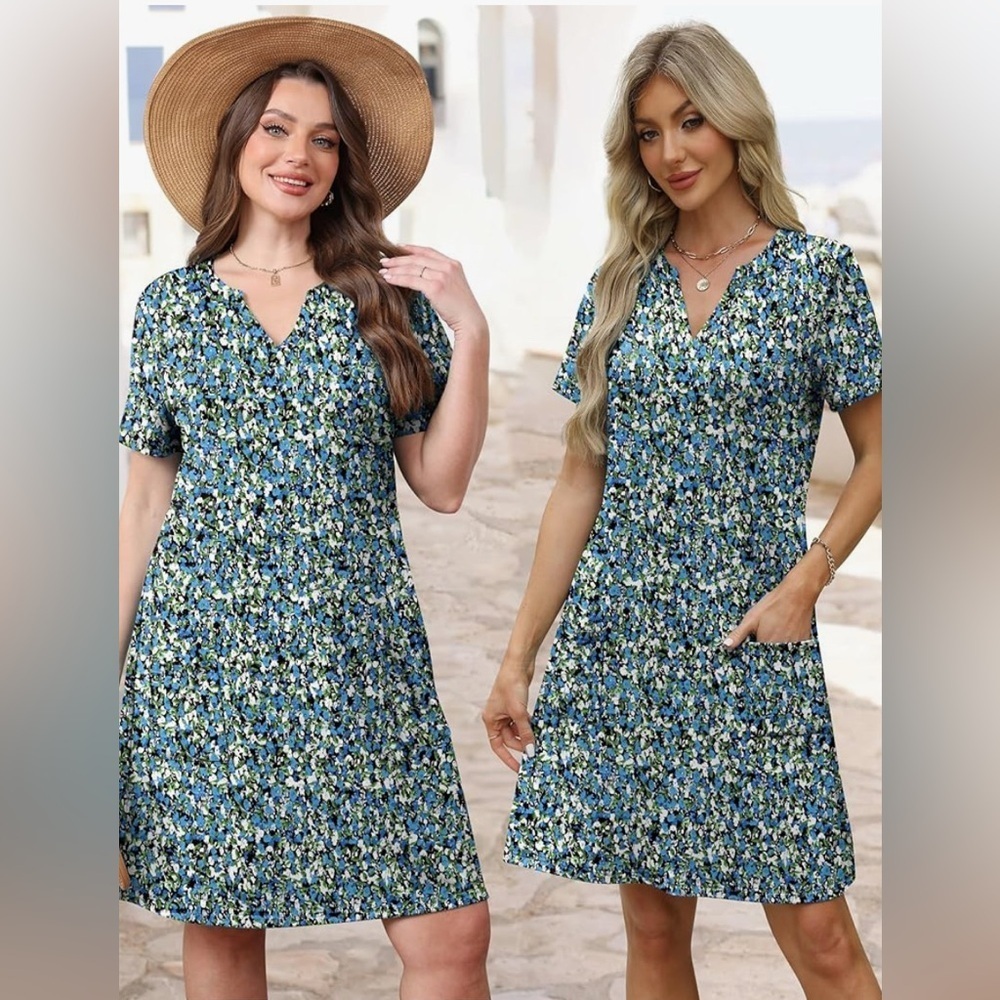new-Large Floral Blue and Green Dress
Short Sleeves Deep V Wrap